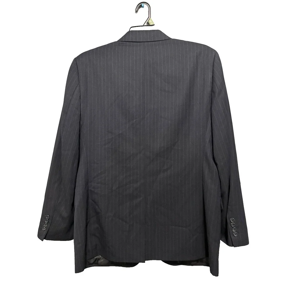 Merona 44R 2PC Suit Blazer Men Pants 36x30 Poly Blend Deep Navy Blue Gray Stripe